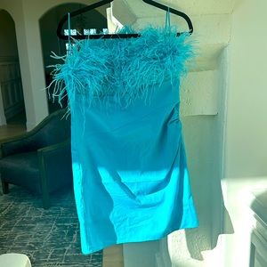 Blue strapless feather dress